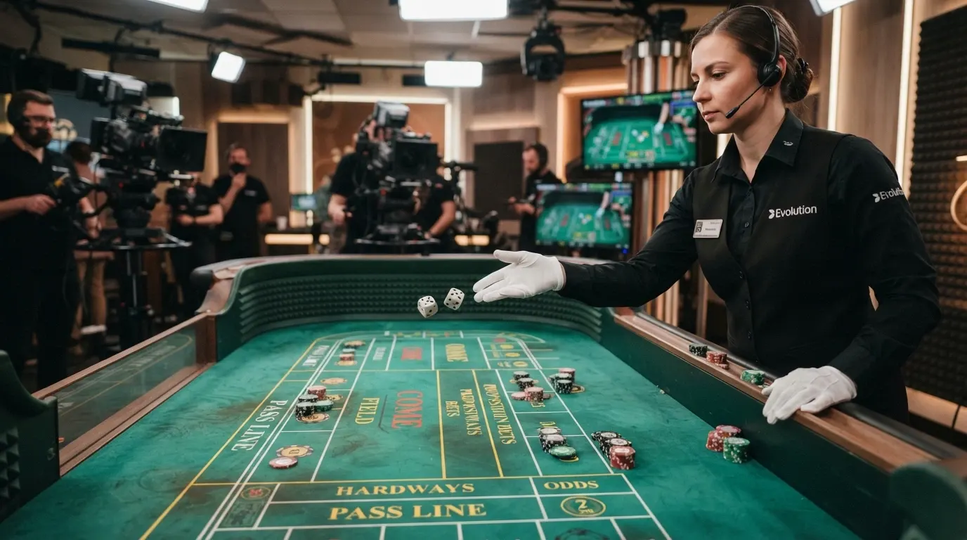 Un dealer professionista lancia due dadi su un tavolo da craps in uno studio live di Evolution Gaming, con le telecamere che inquadrano il tavolo e l'interfaccia di puntata visibile sullo schermo del giocatore