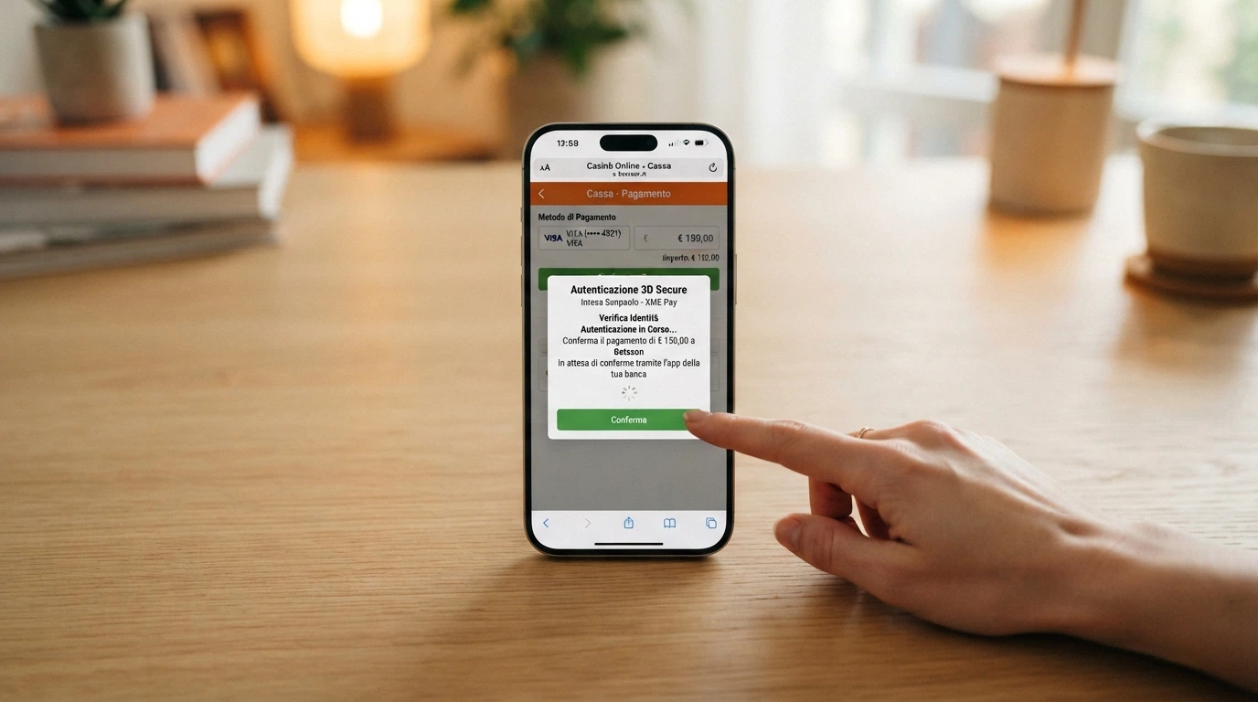L'interfaccia di cassa di un casinò online con Bancoposta selezionato come metodo di deposito, i campi dell'importo e la notifica di autenticazione 3D Secure