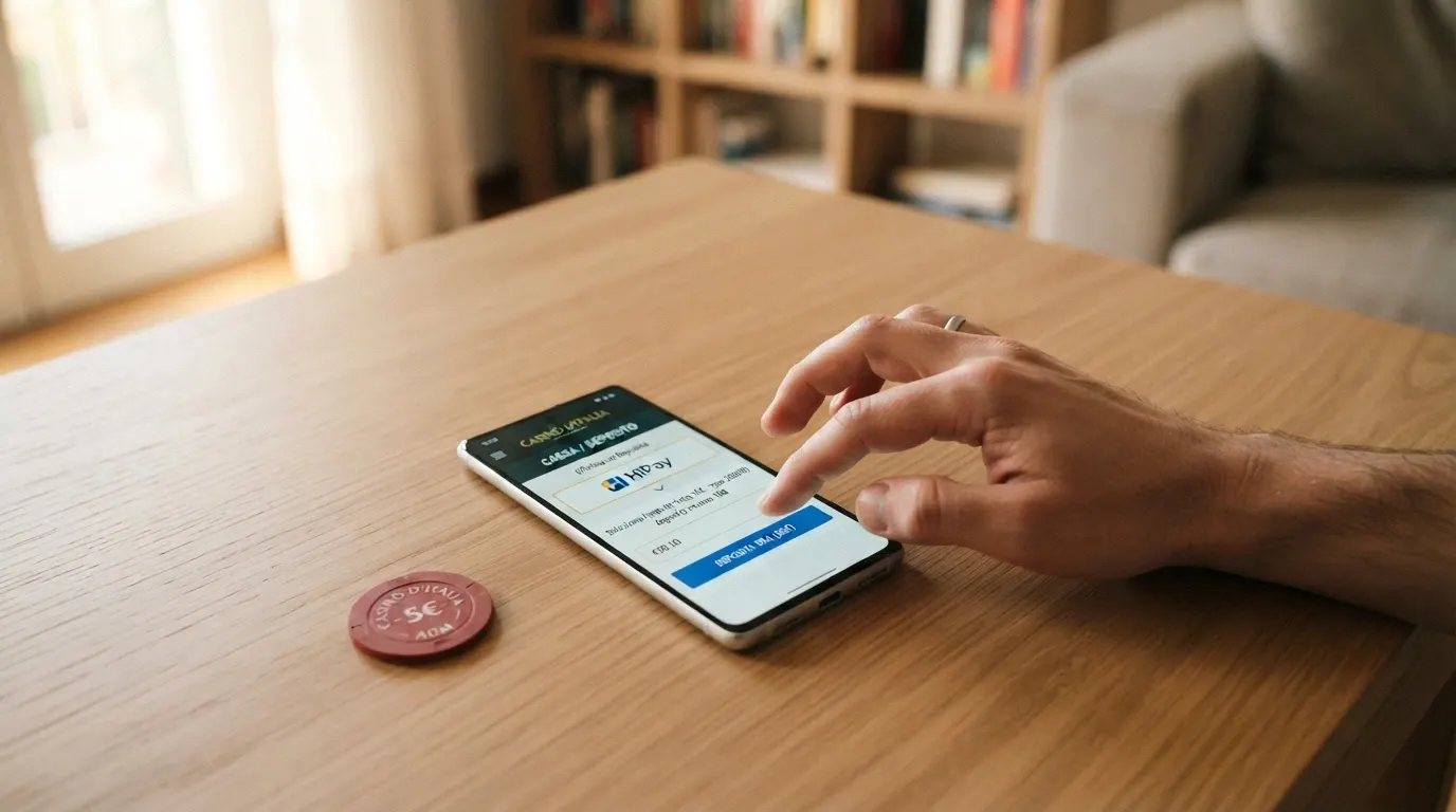 Uno smartphone con l'interfaccia di deposito di un casinò, l'opzione HiPay evidenziata, con l'indicazione «deposito minimo 10€» visibile