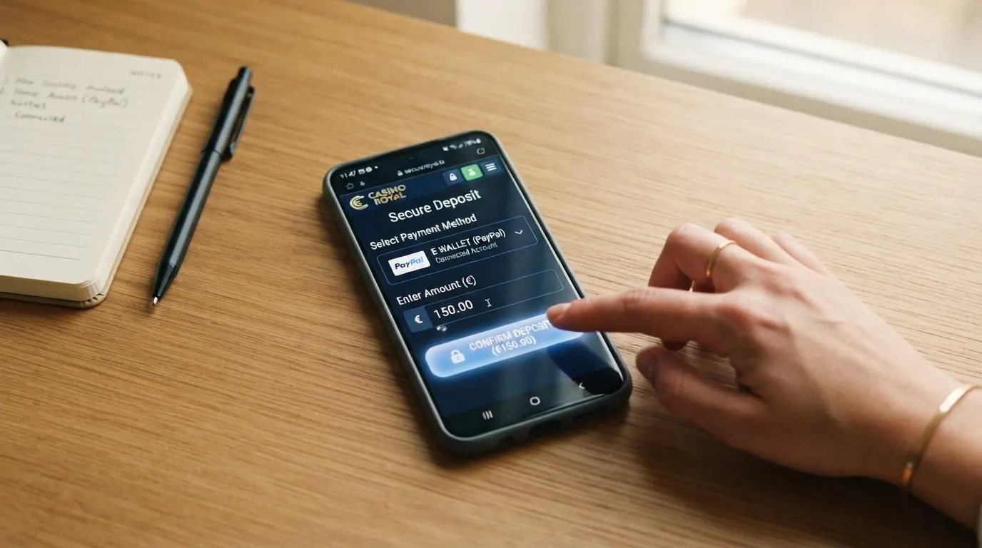 La schermata di un deposito casinò con l'opzione PayPal selezionata, l'importo in euro e un orologio che segna l'accredito istantaneo