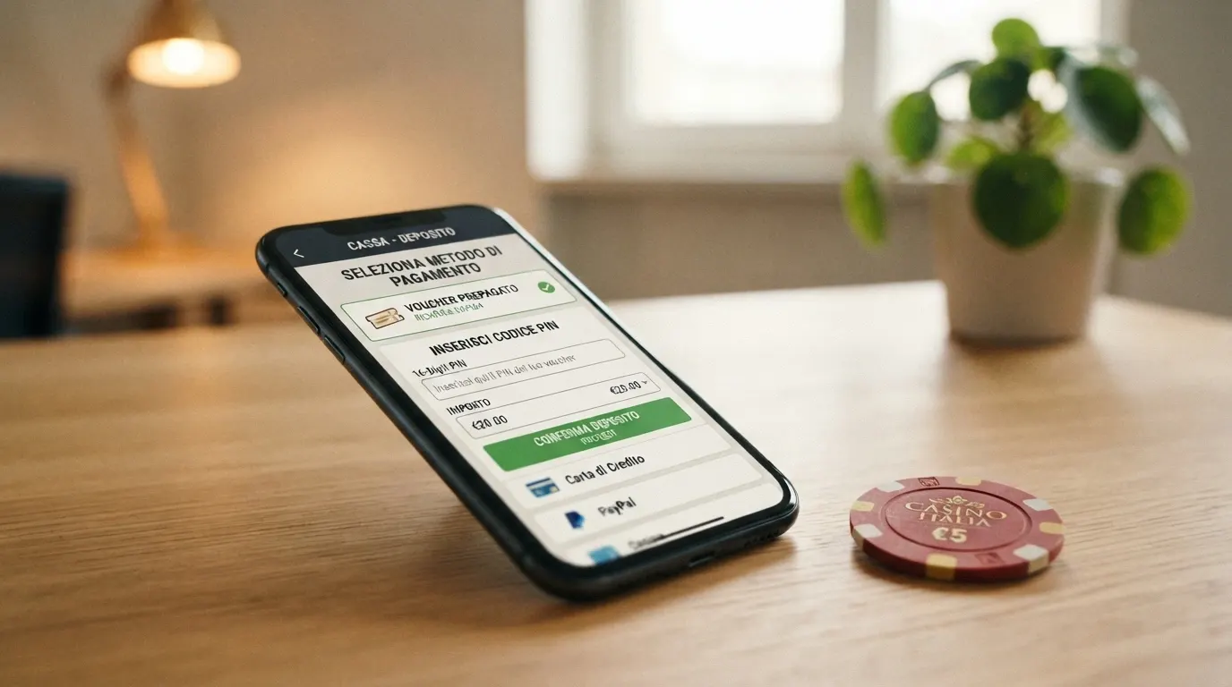 La schermata di deposito di un casinò online con il logo Paysafecard selezionato tra le opzioni di pagamento e il campo per l'inserimento del PIN