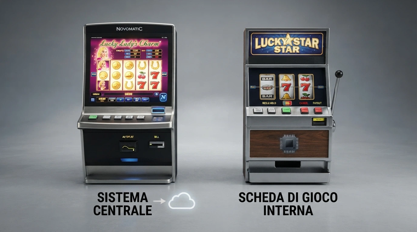 Schema comparativo che affianca un terminale VLT in una sala dedicata e una slot AWP da bar con le rispettive caratteristiche tecniche in evidenza