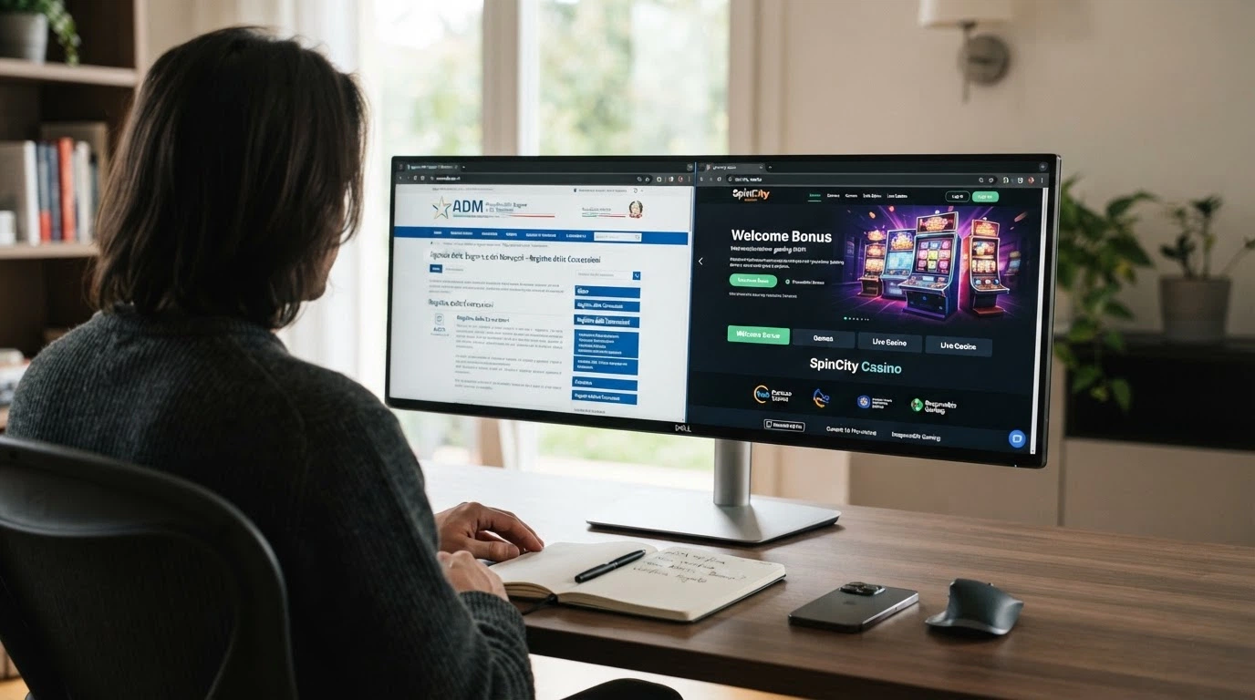 Il sito dell'ADM aperto su un monitor, affiancato da un secondo schermo con la homepage di un casinò con licenza Curaçao — stesso browser, due mondi regolatori.