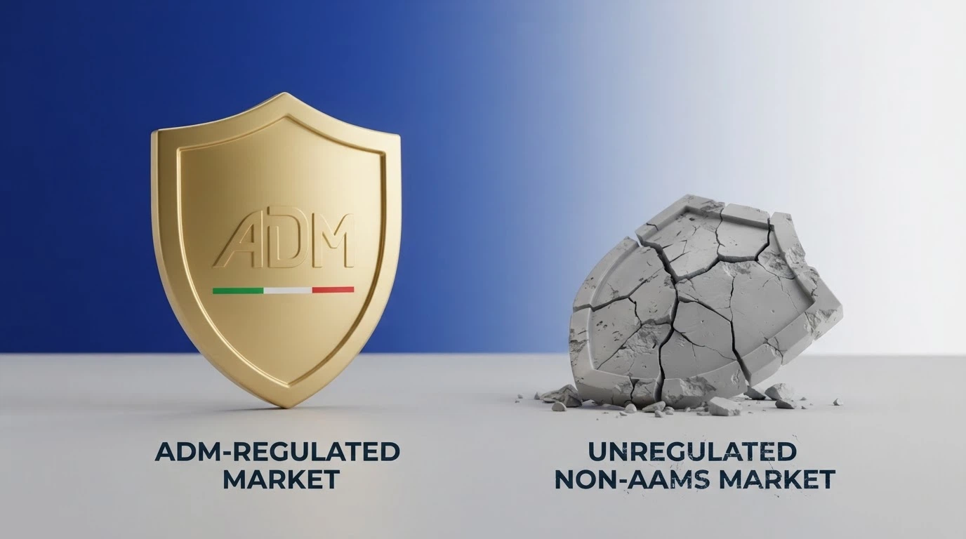 Un diagramma che mostra le tutele del mercato regolato ADM (RUA, limiti deposito, vigilanza, foro legale) affiancate all'assenza di tutele nel mercato non AAMS