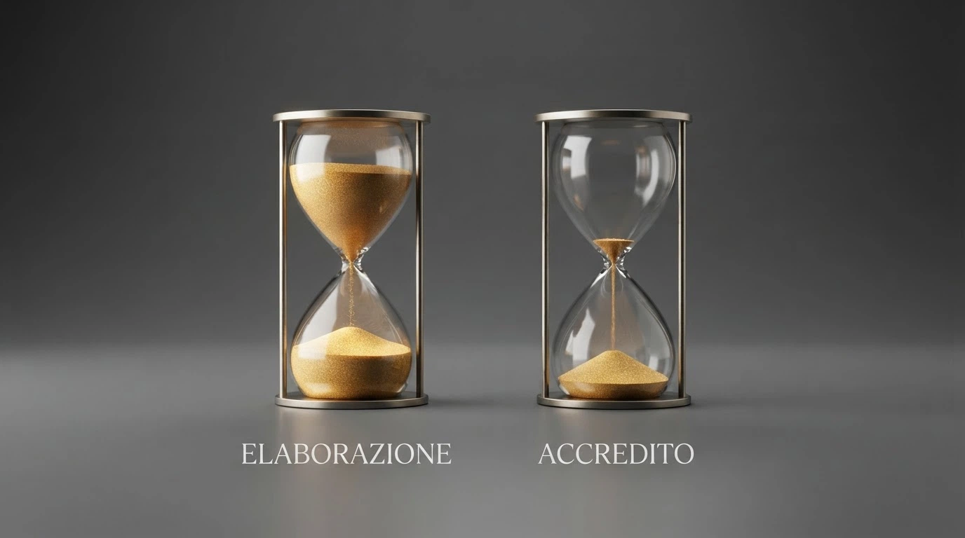 Diagramma con due orologi: uno per l'elaborazione del casinò e uno per l'accredito del metodo di pagamento