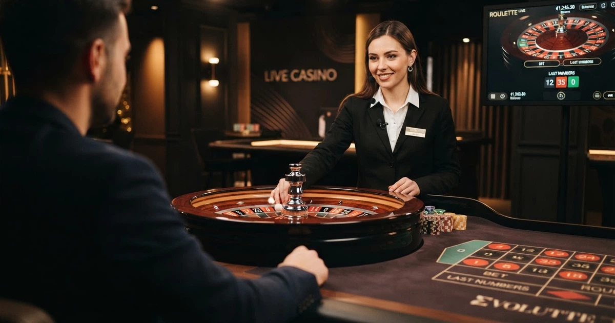 Un dealer in primo piano dietro un tavolo da roulette in uno studio Evolution Gaming, con lo schermo dell'interfaccia di gioco visibile, luci professionali e atmosfera da studio televisivo