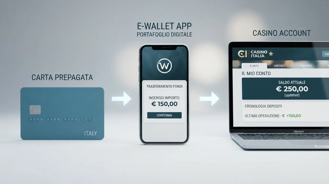 Schema visivo a tre passaggi: carta American Express → e-wallet (Skrill/PayPal/Neteller) → conto gioco del casinò online, con frecce e icone per ogni passaggio