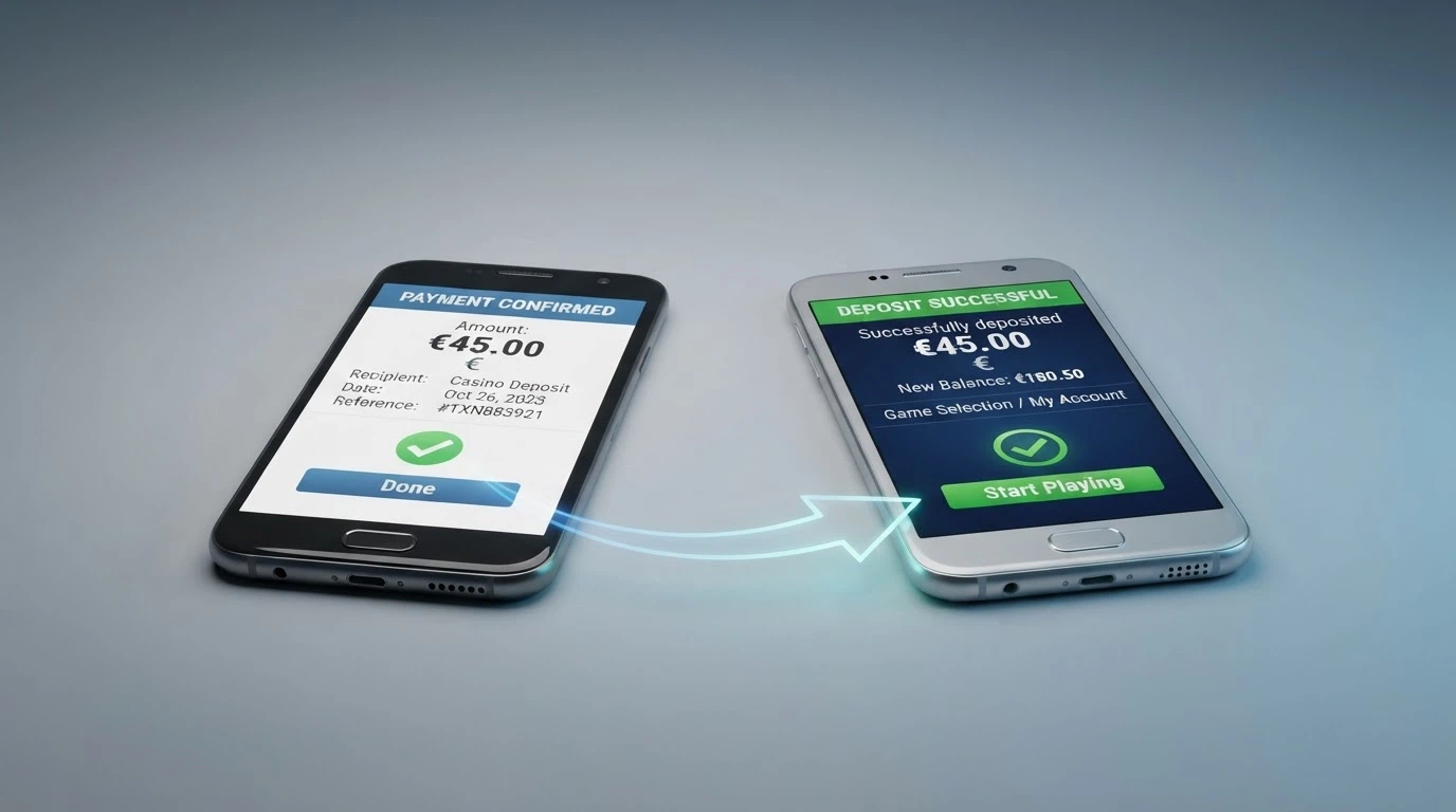 Infografica del percorso di un deposito e un prelievo con MuchBetter: dall'app al casinò e ritorno, con i tempi di ogni passaggio