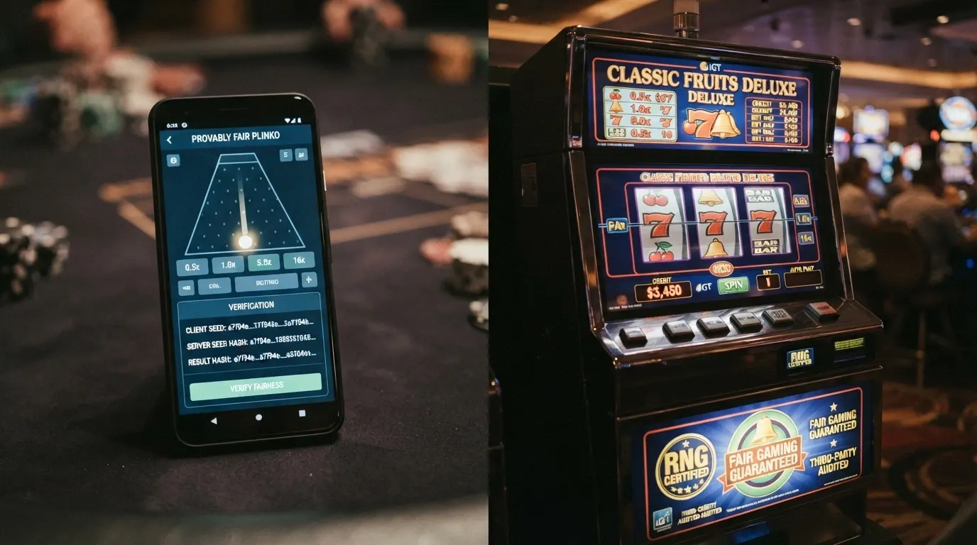 Schermata affiancata: a sinistra un Plinko con hash di verifica visibile, a destra una slot di provider terzo con certificazione RNG