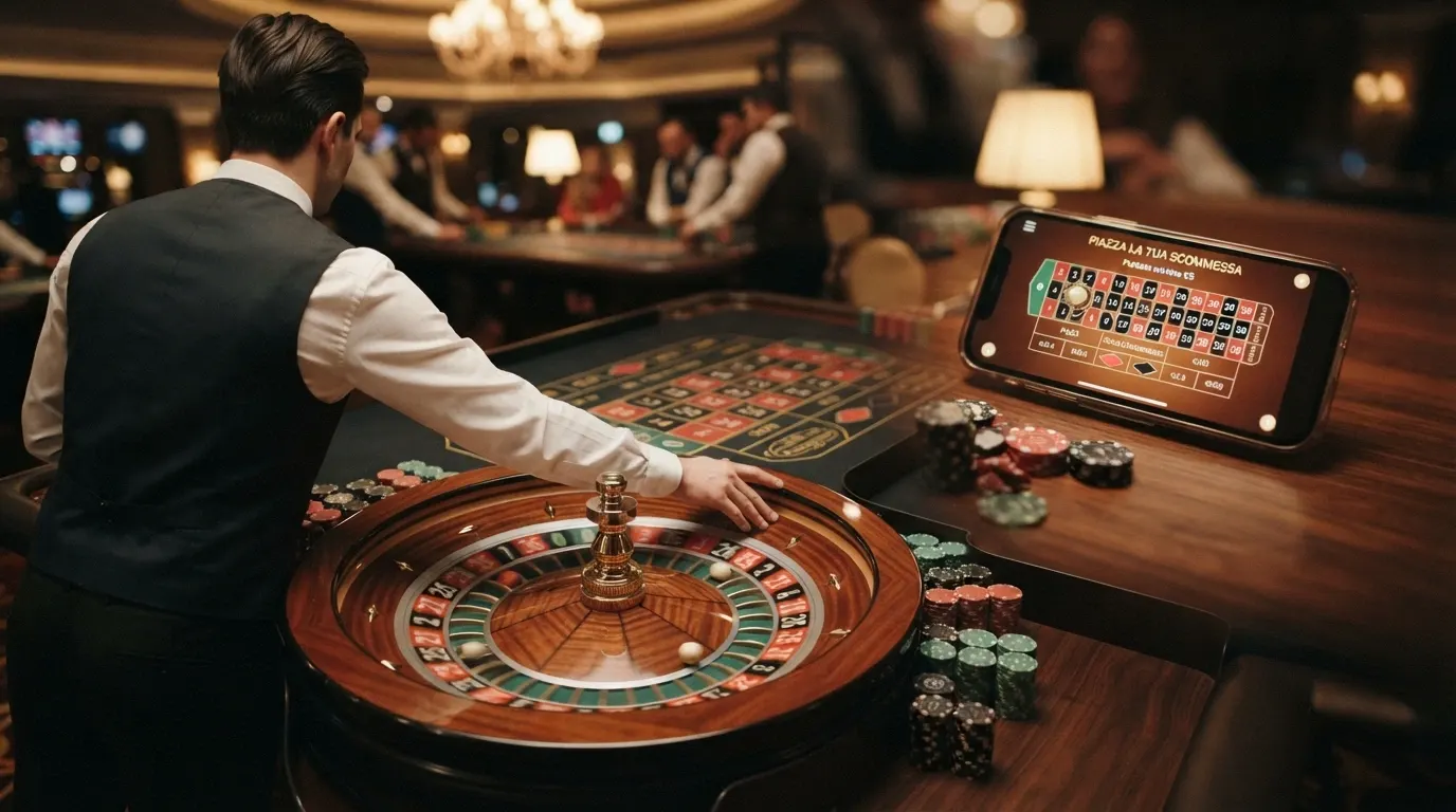 Tavolo da gioco dal vivo con interfaccia di puntata su schermo, primo piano su ruota della roulette e pannello delle scommesse in italiano.