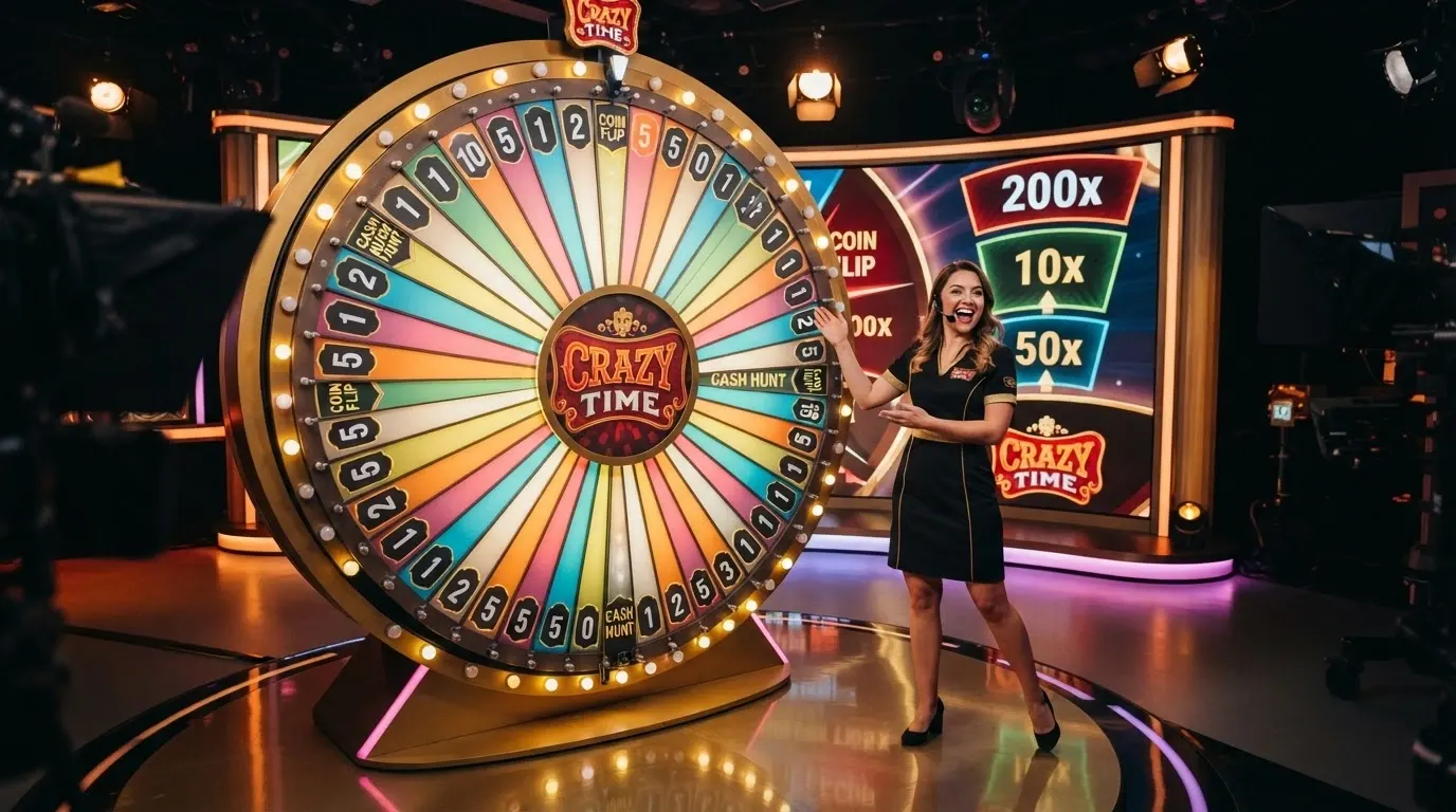 La ruota verticale di Crazy Time in primo piano con i segmenti colorati e i quattro bonus game, il dealer in piedi accanto alla ruota e lo schermo dei moltiplicatori sullo sfondo
