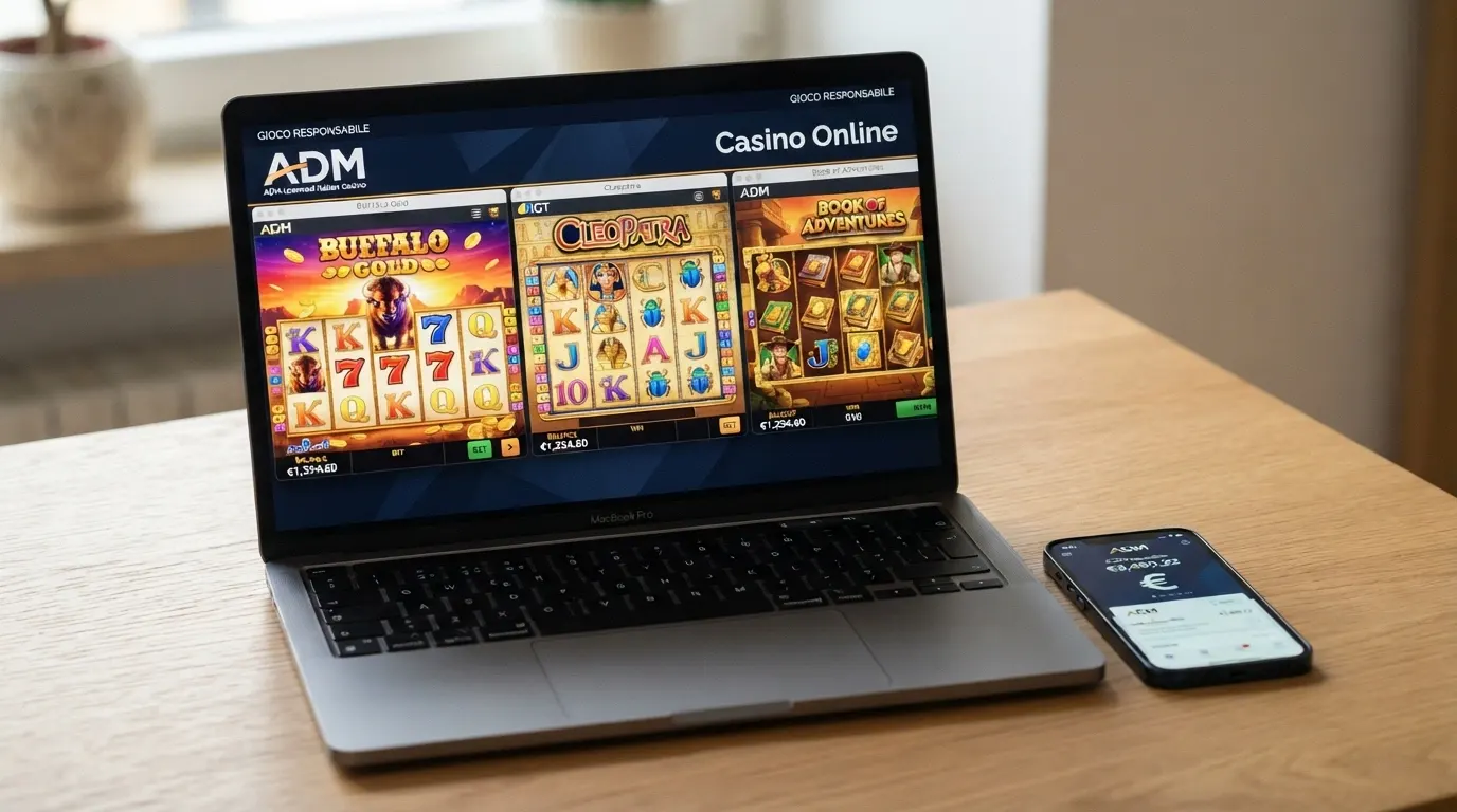 Una schermata di gioco con tre slot americane affiancate — Buffalo, Cleopatra e Book of Dead — su interfaccia di un concessionario ADM
