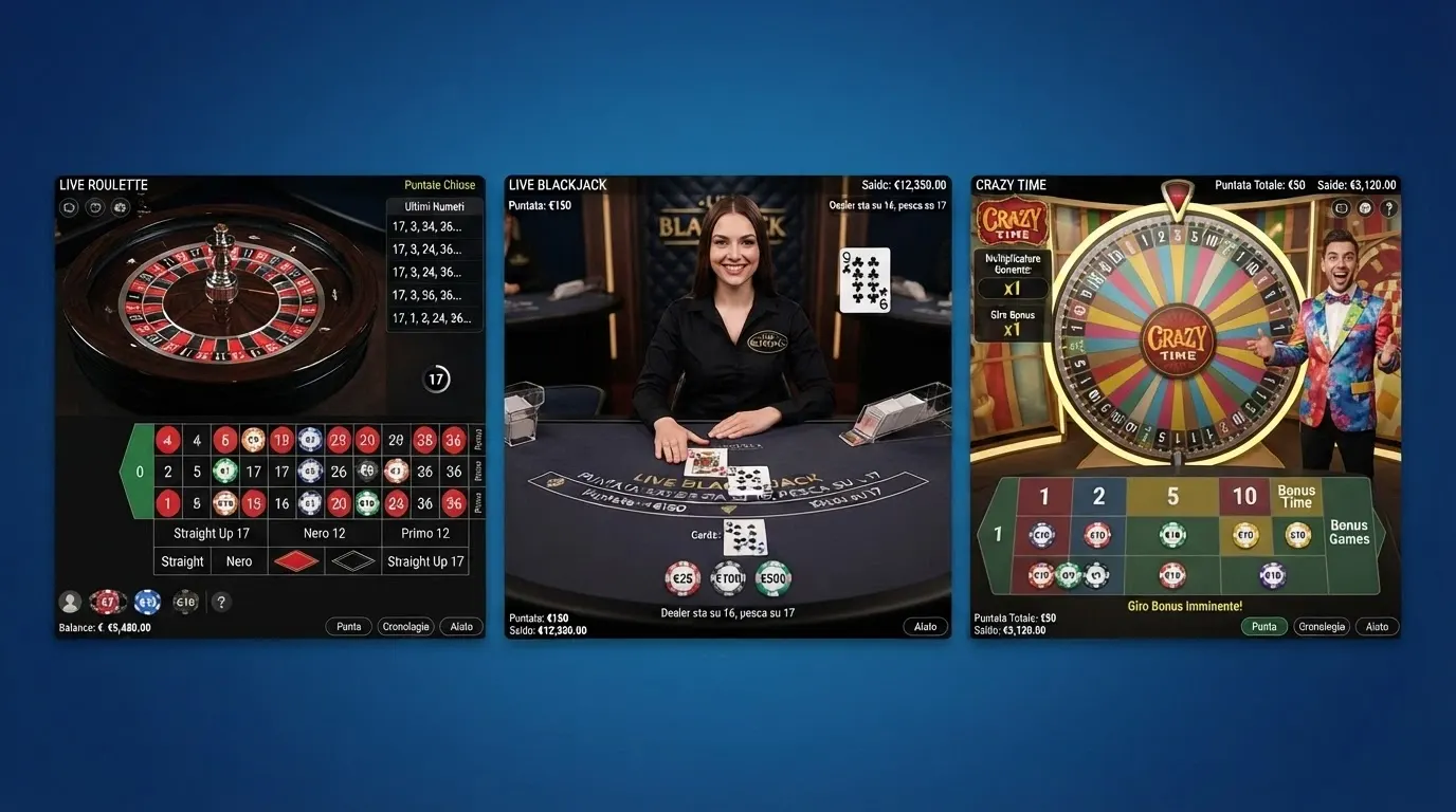 Interfaccia di un tavolo live con tre giochi diversi visibili: roulette, blackjack e la ruota di Crazy Time