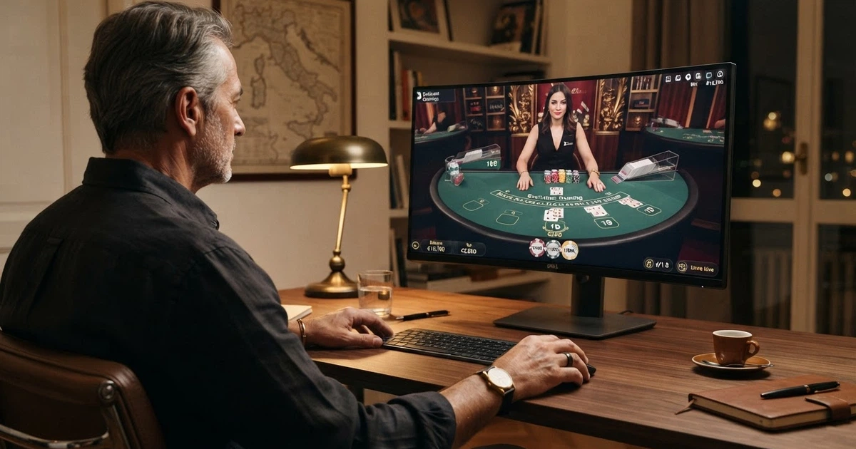 Un giocatore seduto davanti allo schermo di un computer con un tavolo da casinò live in primo piano, puntate elevate visibili nell'interfaccia di gioco