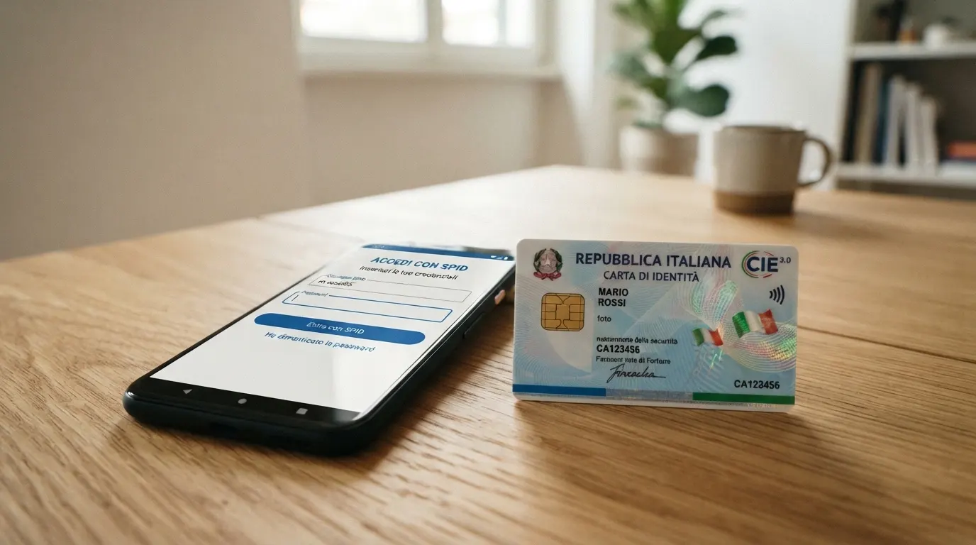 Uno smartphone con la schermata di login SPID accanto a una carta d'identità elettronica italiana