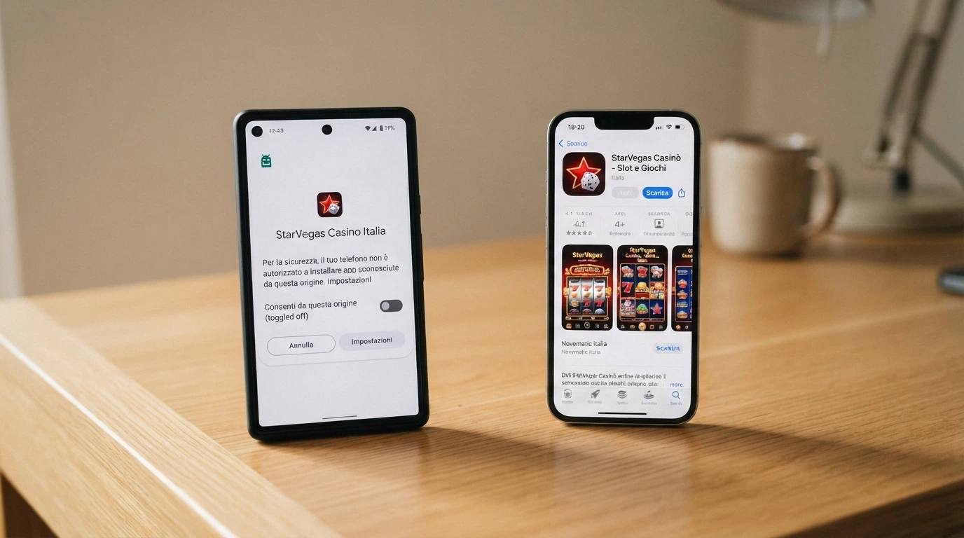 Due telefoni affiancati — un Android con la schermata «Origini sconosciute» e un iPhone con la pagina App Store di un casinò ADM — a confronto.
