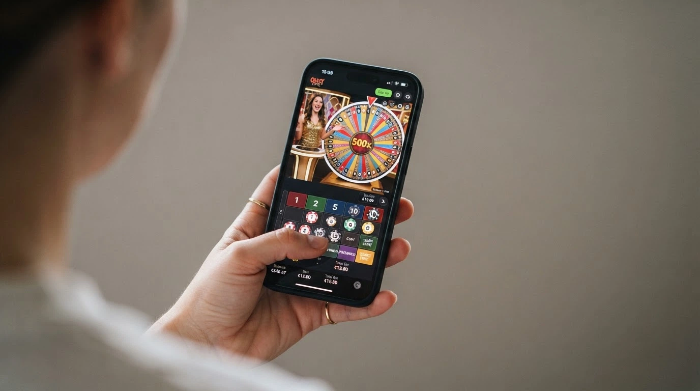 L'interfaccia di un gioco live (Crazy Time o Lightning Roulette) su uno smartphone in orientamento verticale, con il pannello delle puntate aperto