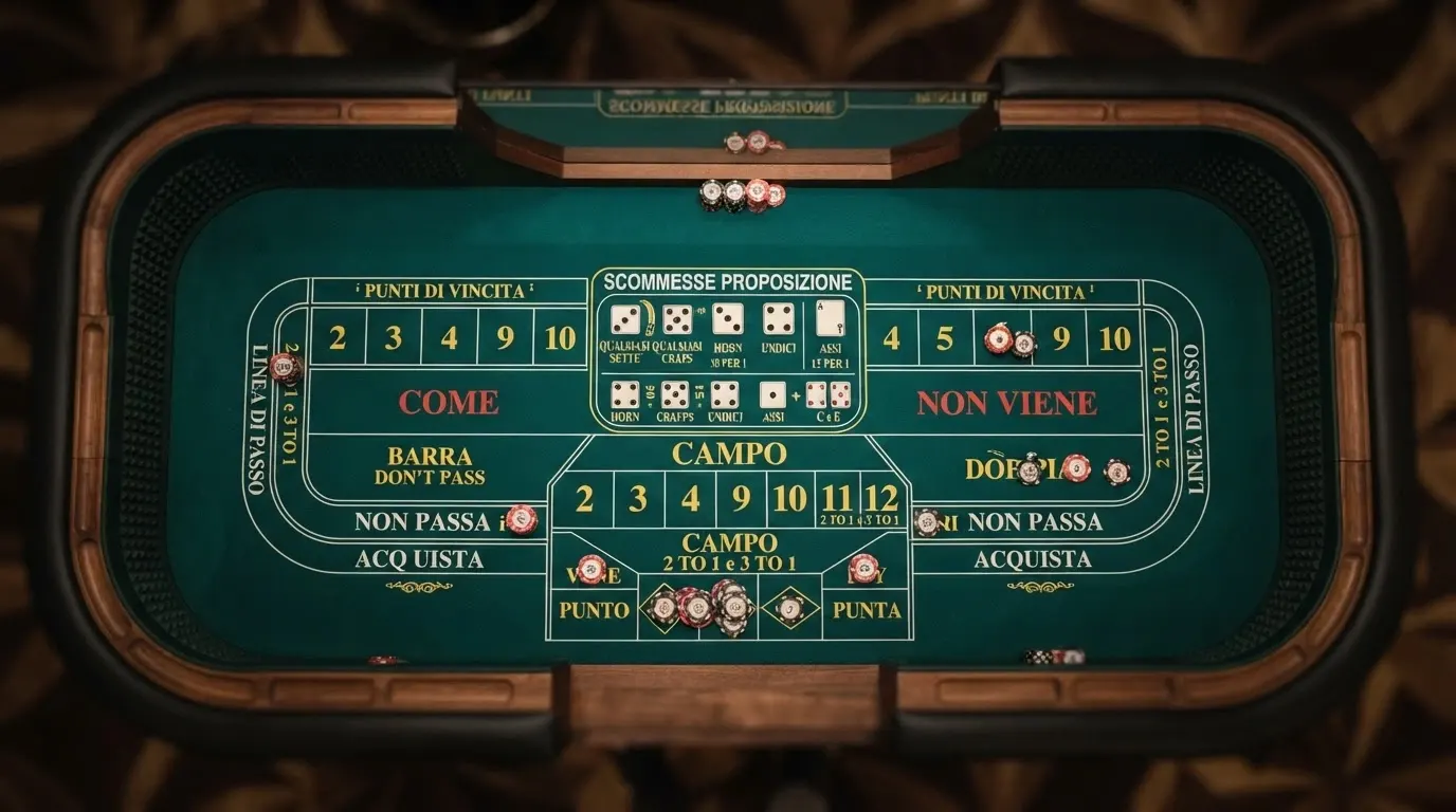Il layout di un tavolo da craps visto dall'alto con le aree di puntata evidenziate: la sezione centrale con le Proposition Bets, le ali laterali con Pass Line e Don't Pass, e le aree Come e Field