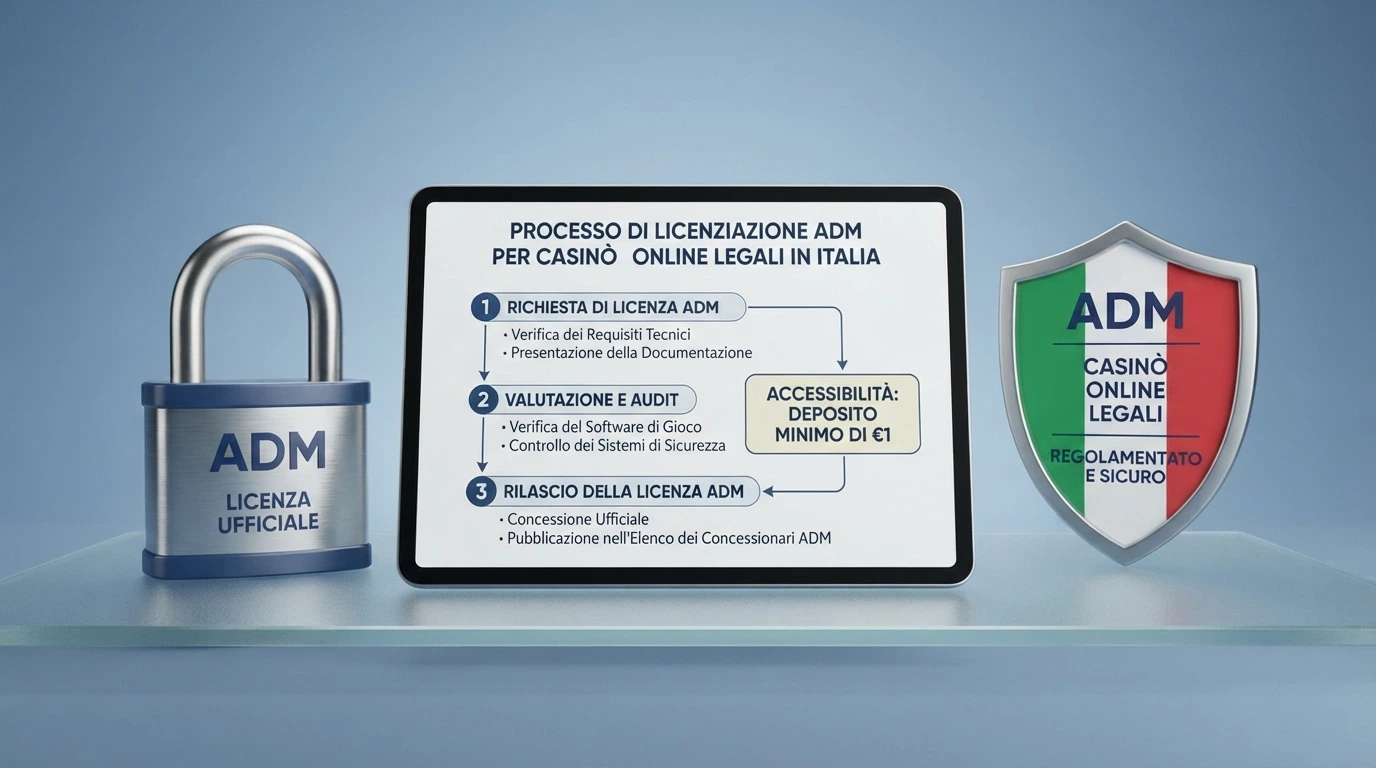 Il logo dell'Agenzia delle Dogane e dei Monopoli accanto alla dicitura «Concessionario autorizzato al gioco a distanza», con una tabella comparativa dei casinò ADM visualizzata su schermo.