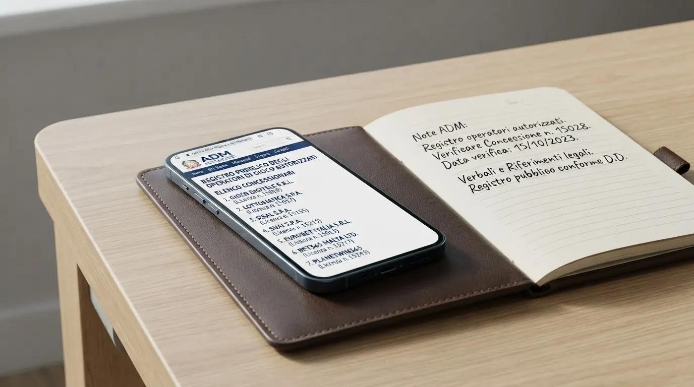 Il logo dell'Agenzia delle Dogane e dei Monopoli accanto a uno smartphone iPhone con la pagina ufficiale del registro dei concessionari di gioco a distanza