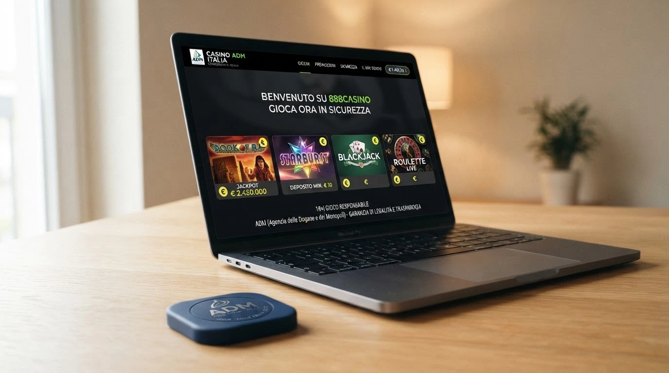 Primo piano del logo ADM accanto alla schermata di un casinò online italiano con il lucchetto di connessione sicura