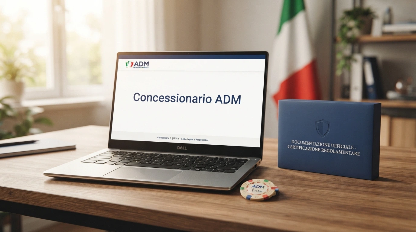 Il logo ufficiale dell'Agenzia delle Dogane e dei Monopoli accanto alla dicitura «Concessionario ADM» su uno sfondo che richiama i colori istituzionali italiani