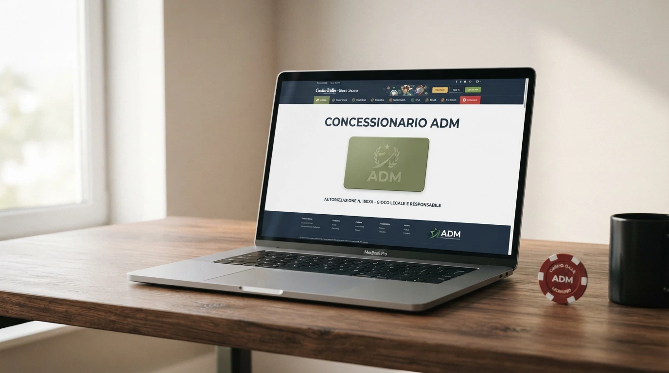 Logo ufficiale dell'Agenzia delle Dogane e dei Monopoli accanto alla dicitura «Concessionario ADM» sullo schermo di un casinò online
