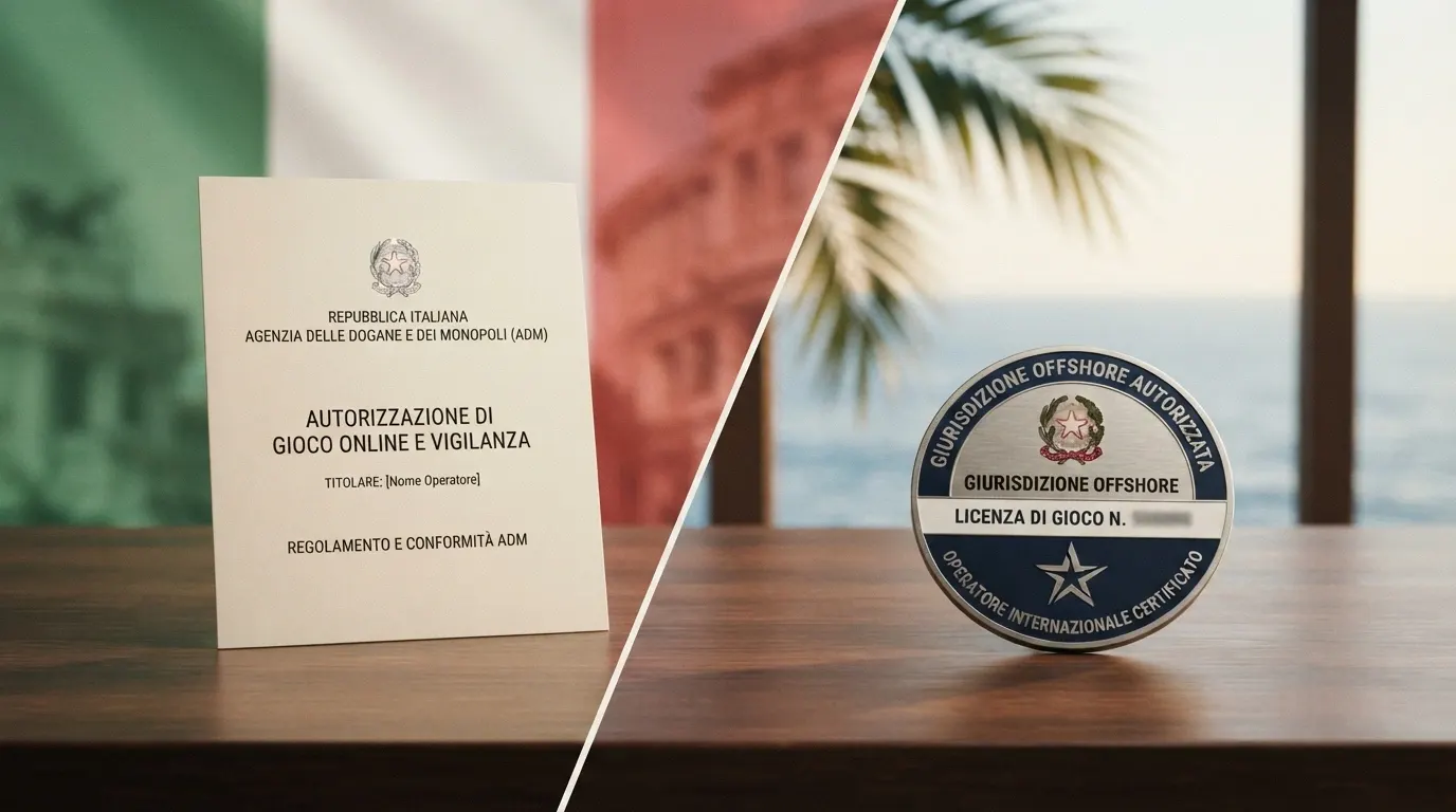 Un documento ufficiale con il logo dell'Agenzia delle Dogane e dei Monopoli accanto a un badge «Curaçao eGaming», su uno sfondo diviso a metà tra i colori della bandiera italiana e un'ambientazione offshore