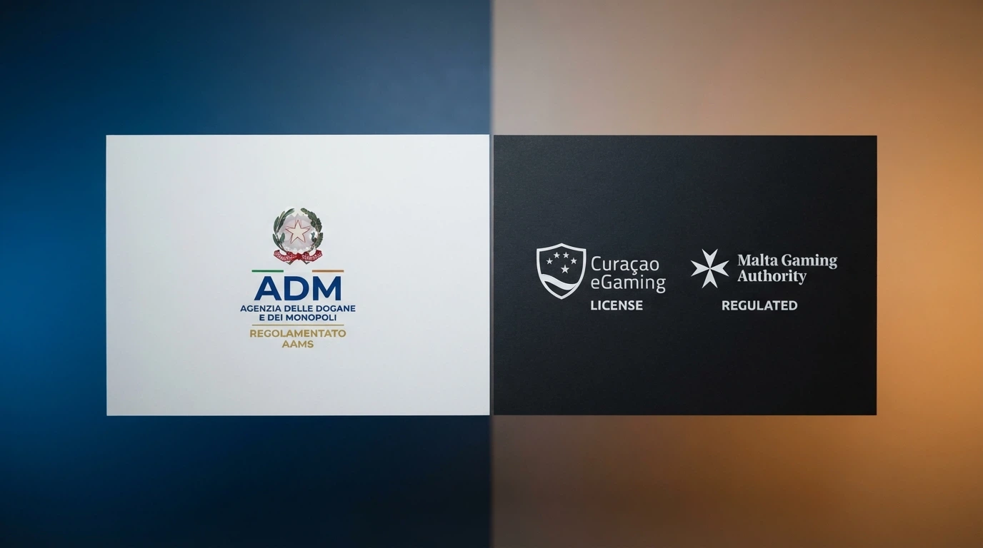 Un confronto visivo tra il logo ufficiale ADM e i loghi delle licenze offshore (Curaçao eGaming, MGA) su sfondo diviso