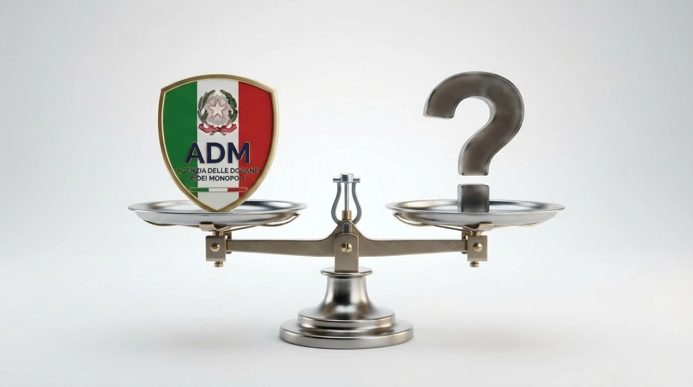 Una bilancia a due piatti: su uno il simbolo della concessione ADM con scudo, sull'altro un punto interrogativo su sfondo scuro — il peso visivo è tutto dalla parte dello scudo