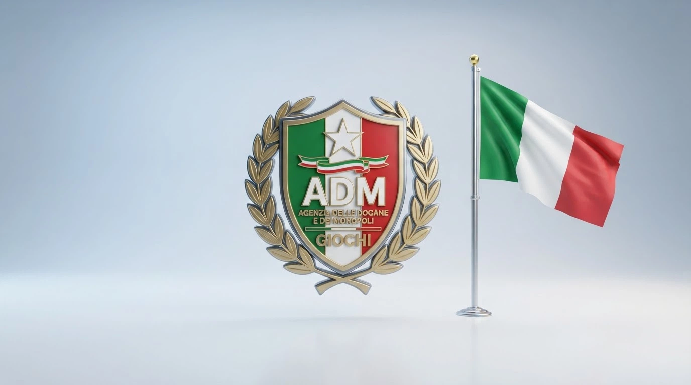 Il logo ufficiale dell'Agenzia delle Dogane e dei Monopoli accanto alla bandiera italiana, con lo sfondo sfocato di un casinò online