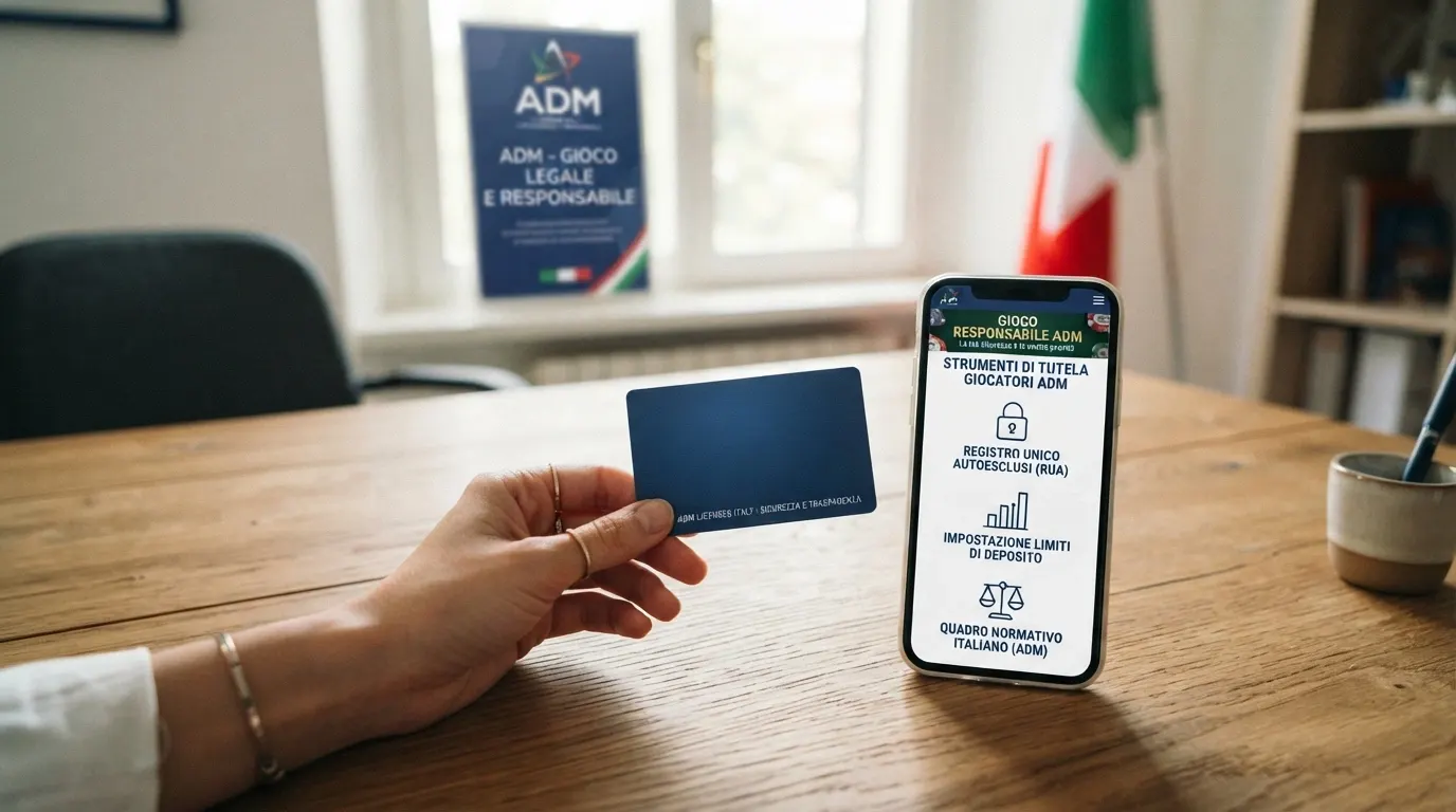 Il logo ufficiale dell'Agenzia delle Dogane e dei Monopoli accanto alla dicitura «Concessionario Autorizzato», con icone che rappresentano le tutele del giocatore: un lucchetto per il RUA, un grafico per i limiti di deposito, una bilancia per il foro legale italiano