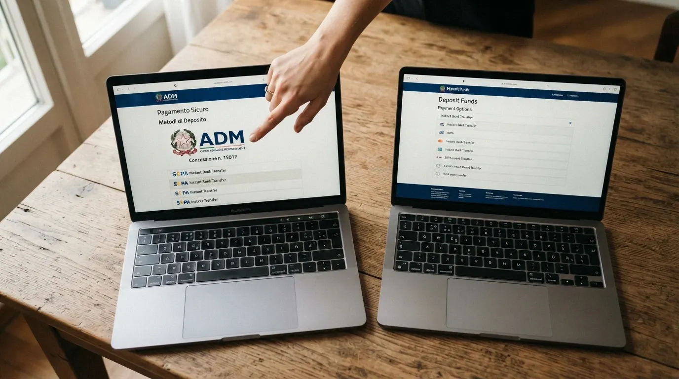 Il confronto visivo tra la pagina dei pagamenti di un casinò con logo ADM in evidenza e quella di un sito senza concessione, entrambi con il bonifico istantaneo tra i metodi accettati