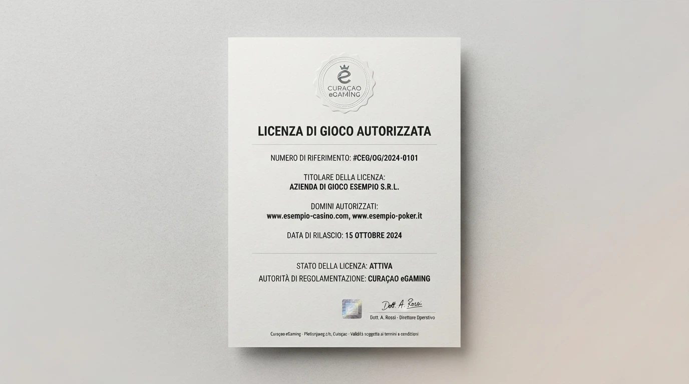 Un primo piano del certificato di licenza di un'autorità di gioco internazionale (Curaçao eGaming), con il logo ufficiale, il numero di licenza e la data di emissione ben visibili.