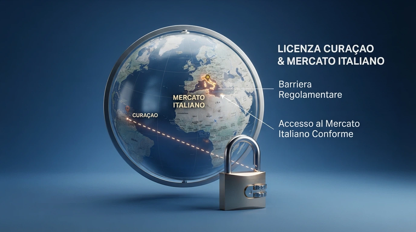 Una mappa dell'Europa con l'Italia evidenziata e una linea tratteggiata che la collega a Curaçao, con l'icona di un lucchetto aperto al centro