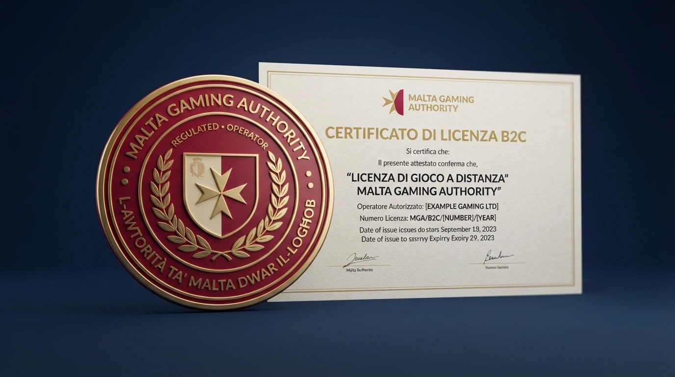 Primo piano del sigillo ufficiale della Malta Gaming Authority su un certificato di licenza B2C Gaming Service