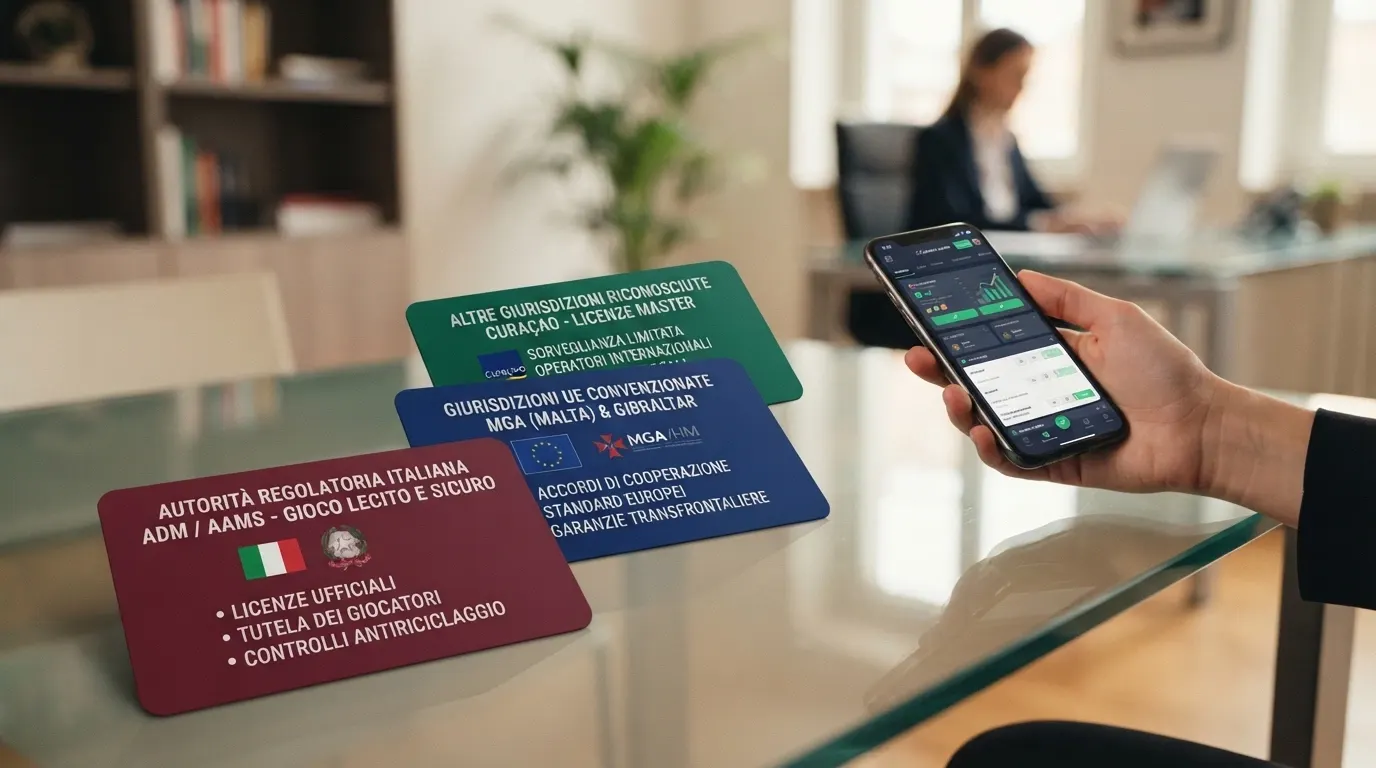 Tre loghi stilizzati di autorità di regolamentazione: ADM, MGA e Curaçao eGaming, affiancati su sfondo scuro