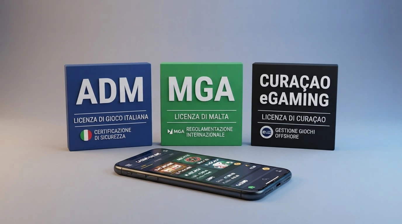 Tre badge con le sigle ADM, MGA e Curaçao eGaming affiancati, con un dispositivo mobile sullo sfondo