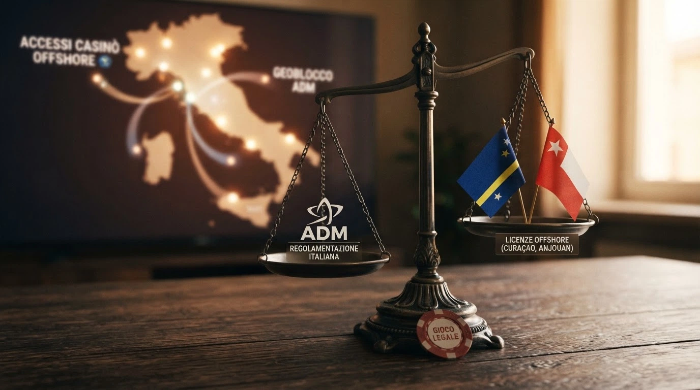 Il logo dell'ADM accanto alle bandiere di Curaçao e Anjouan, con una bilancia che pende verso il lato ADM — sullo sfondo, una mappa dell'Italia con i punti di accesso ai casino offshore