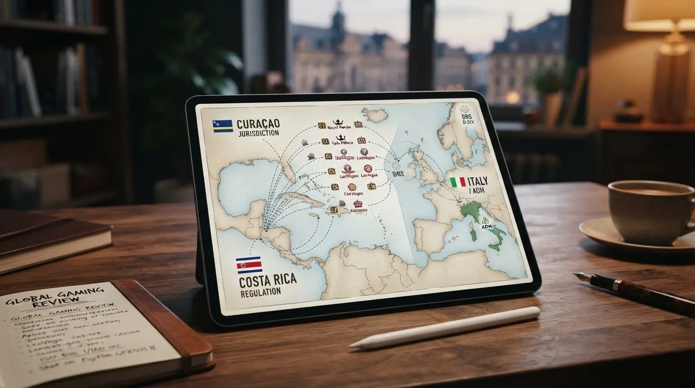 Una mappa concettuale che collega le giurisdizioni (Curaçao, Costa Rica, Italia/ADM) ai casinò della selezione, con il blocco DNS rappresentato come una barriera tratteggiata