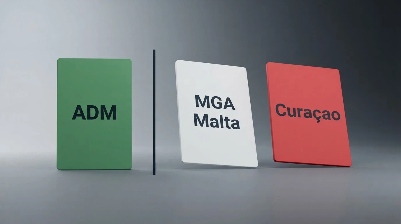 Il logo dell'ADM accanto alle icone delle licenze Curaçao e MGA Malta, separati da una linea verticale su sfondo istituzionale