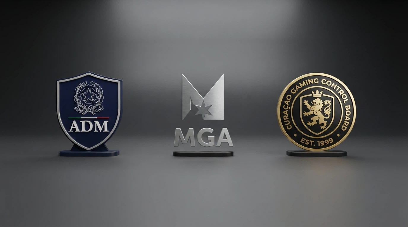 Un confronto visivo tra i simboli delle authority di regolamentazione: ADM, MGA e Curaçao Gaming Control Board, affiancati su sfondo scuro