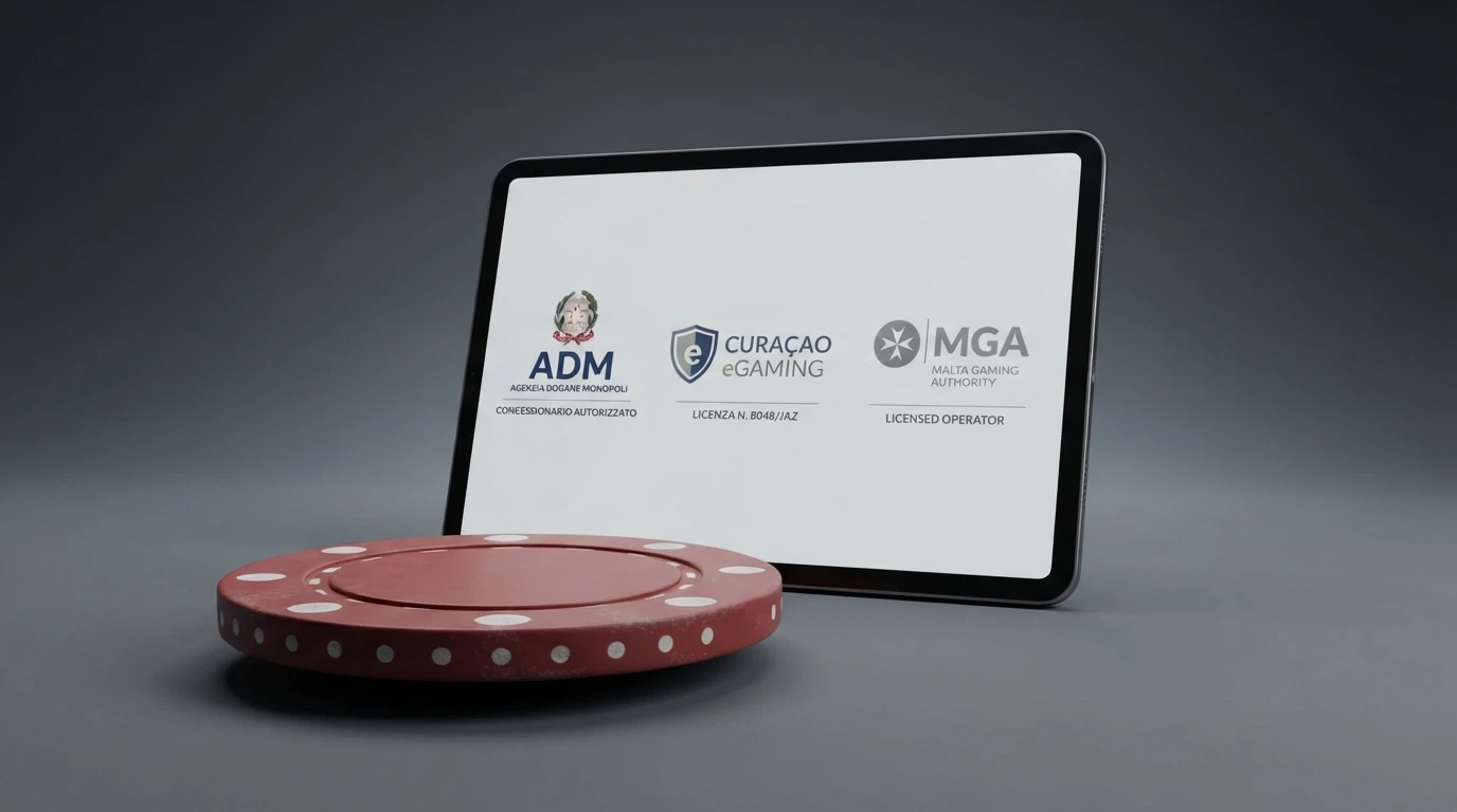 Un documento ufficiale con sigillo accanto allo schermo di un computer che mostra loghi di autorità di regolamentazione (ADM, Curaçao eGaming, MGA)