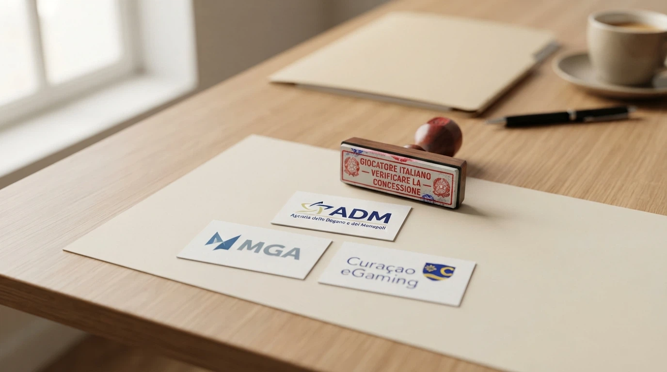 Un estratto visivo dei loghi delle principali autorità di licenza: ADM, MGA e Curaçao eGaming, affiancati da un timbro che segnala «Giocatore italiano — verificare la concessione»