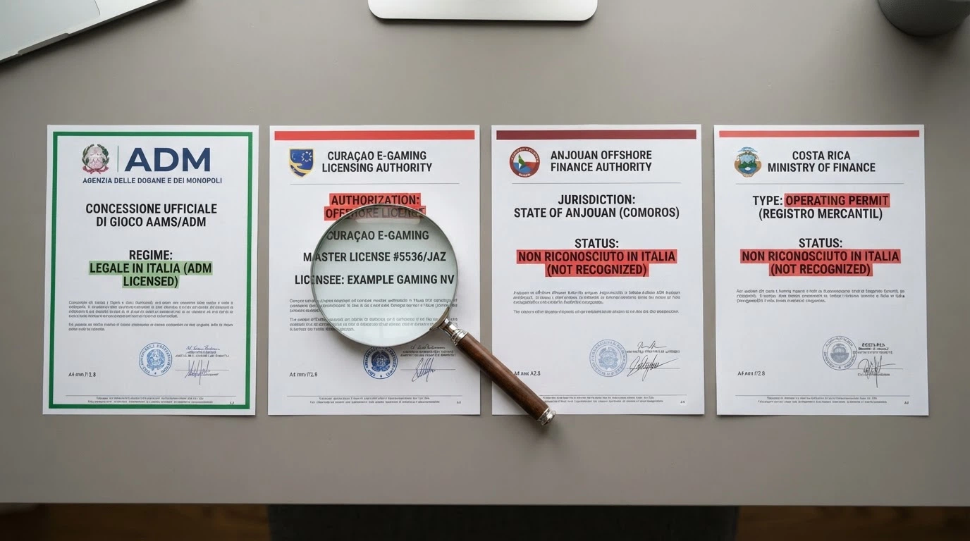 Mappa concettuale con i tre regimi di licenza offshore (Curaçao, Anjouan, Costa Rica) messi a confronto con la concessione ADM, connessioni RUA assenti evidenziate in rosso