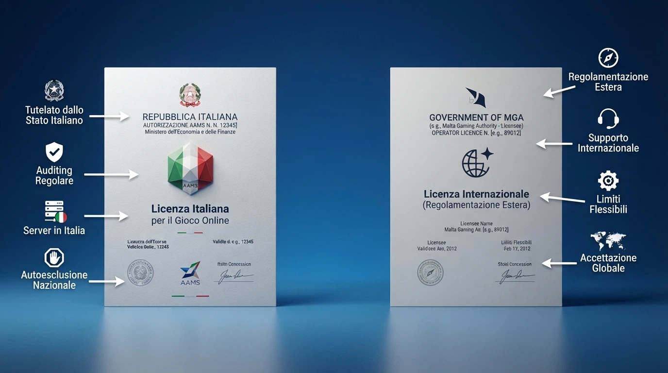 Un confronto visivo tra una concessione ADM italiana e una licenza Curaçao eGaming, con annotazioni sulle differenze di tutela per il giocatore