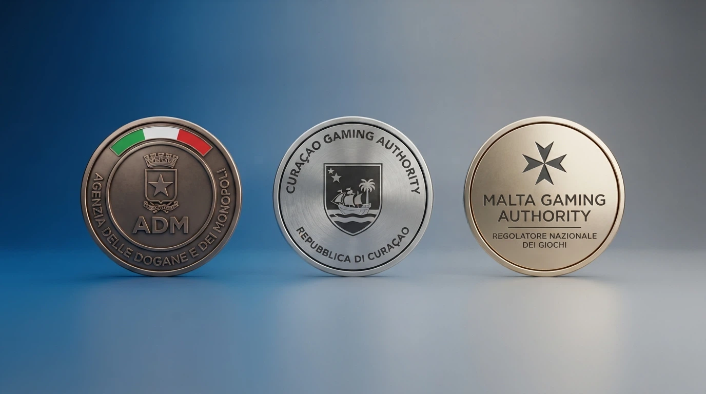 Un confronto visivo tra i sigilli delle autorità: ADM (Italia), Curaçao e Gaming Authority, Malta
