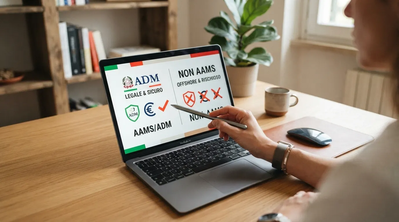 Una mappa concettuale che mostra da un lato il logo ADM con le tutele del giocatore italiano (RUA, limite di deposito, tassazione a carico dell'operatore) e dall'altro l'etichetta «non AAMS» con le protezioni assenti barrate in rosso