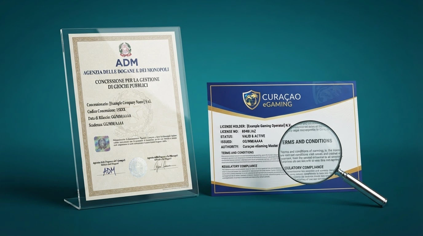 Due licenze di gioco affiancate: a sinistra una concessione ADM italiana con il logo dell'Agenzia delle Dogane e dei Monopoli, a destra una licenza Curaçao eGaming, con una lente di ingrandimento che ne evidenzia le differenze nei sigilli e nelle diciture legali