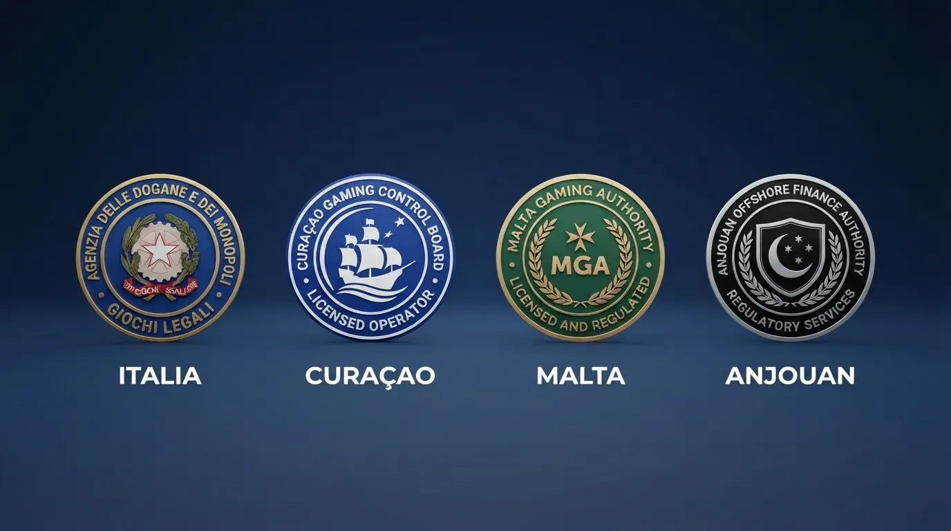 Un confronto visivo tra il logo ADM e i loghi delle tre giurisdizioni offshore principali (Curaçao eGaming, MGA, Anjouan) con l'elenco dei 10 operatori featured sotto ciascuna